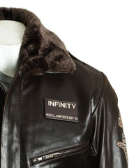 Men's Brown Aviator Pilot Flight A2 Style Leather Jacket With Patch Detail And Detachable Faux Fur Collar: Giuseppe