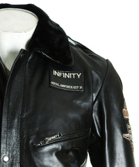 Men's Black Aviator Pilot Flight A2 Style Leather Jacket With Patch Detail And Detachable Faux Fur Collar: Giuseppe