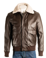 Men's Brown Aviator Pilot Flight A2 Style Leather Jacket with Detachable Real Sheepskin Collar: Maurizio