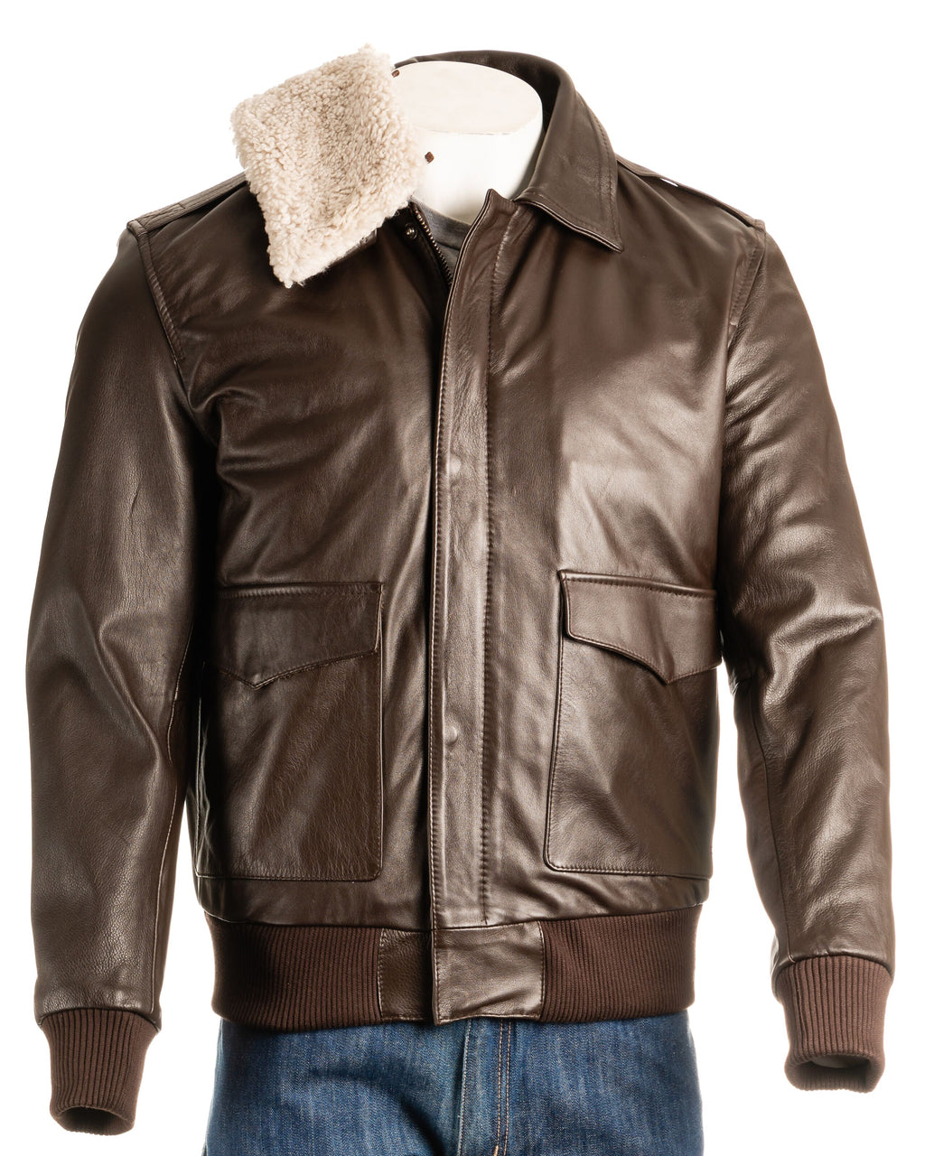 Men's Brown Aviator Pilot Flight A2 Style Leather Jacket with Detachable Real Sheepskin Collar: Maurizio