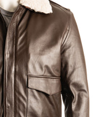 Men's Brown Aviator Pilot Flight A2 Style Leather Jacket with Detachable Real Sheepskin Collar: Maurizio