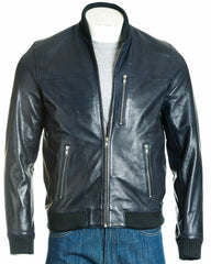 Men's Navy Rib-Knit Collar Leather Bomber: Fabbro