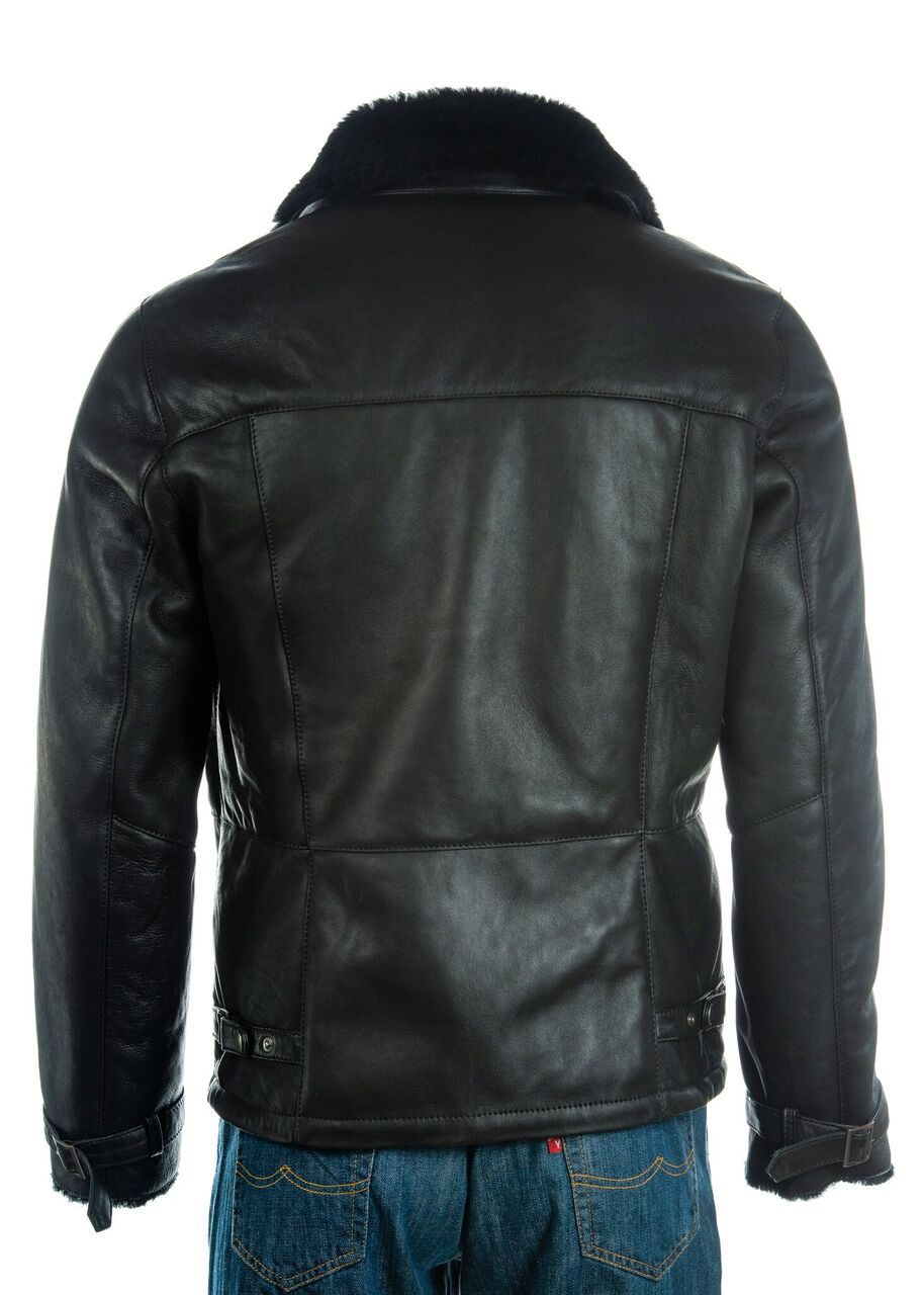 Men's Black Shearling Sheepskin Biker Style Jacket: Alonso