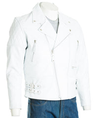Men's White Cow Hide Leather Biker Jacket With Diamond Stitch Shoulder Detail: Lorenzo