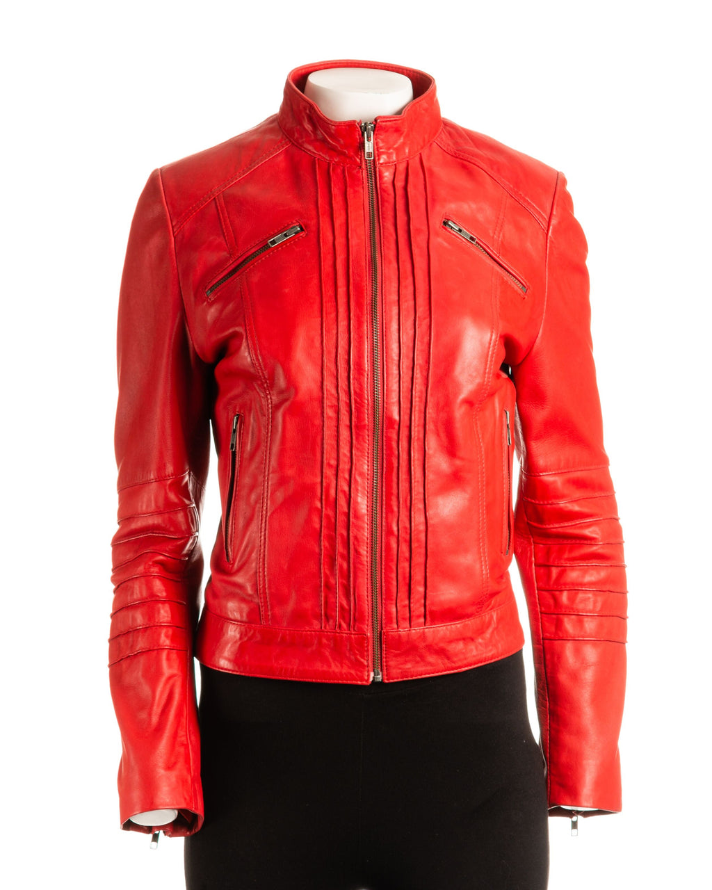 Ladies Red Pleated Front Biker Style Leather Jacket: Gloria
