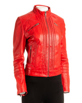 Ladies Red Pleated Front Biker Style Leather Jacket: Gloria