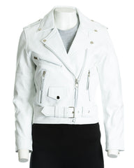 Women's White Classic Brando Biker Style Cow Hide Leather Jacket: Gemma