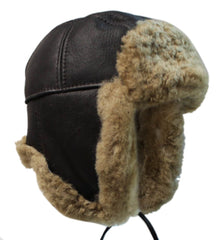 Dark Brown and Ginger Sheepskin Pilot Hat
