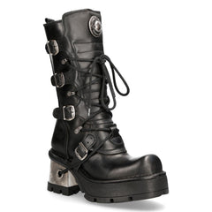 NEW ROCK - 373-S33 Ladies Black Mid Calf Lace Up Boots