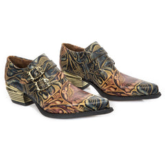 NEW ROCK - M-7960-S14 Men's Vintage Red & Gold Leather Steel Embossed Ankle Boots