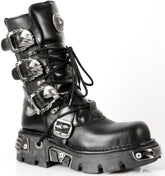 NEW ROCK - M-391-S1 Black SkullBuckled Lace Up Boots