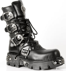 NEW ROCK - M-391-S1 Black SkullBuckled Lace Up Boots