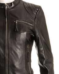 Ladies Black Biker Style Leather Jacket: Greta