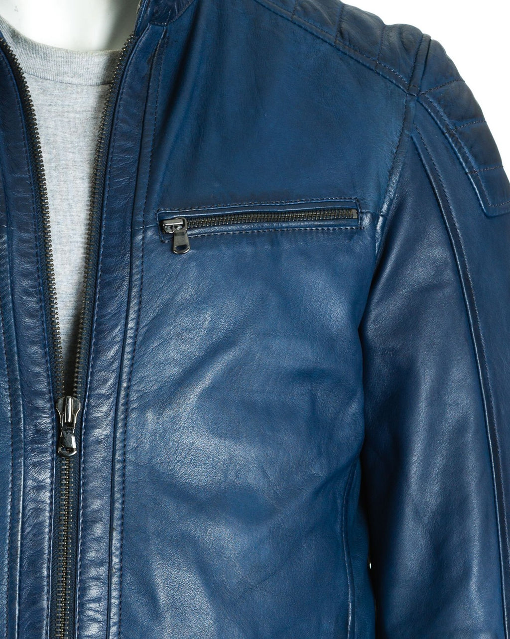 Men's Blue Biker Style Leather Jacket: Calvino