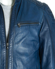 Men's Blue Biker Style Leather Jacket: Calvino