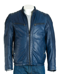 Men's Blue Biker Style Leather Jacket: Calvino