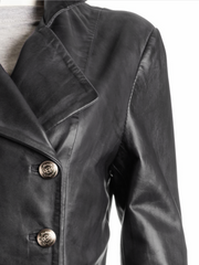 Ladies Black Leather Dip Hem Double Breasted Edwardian Military Style 3/4 Coat: Alessia