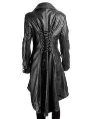 Ladies Black Leather Dip Hem Double Breasted Edwardian Military Style 3/4 Coat: Alessia