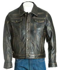 Men's Antique Black Denim Shirt Style Leather Jacket: Antonio