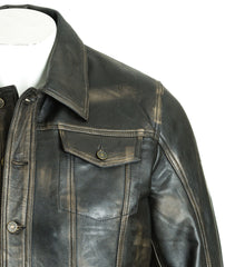 Men's Antique Black Denim Shirt Style Leather Jacket: Antonio