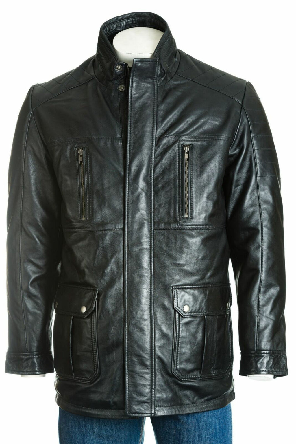 Men's Black Leather Coat With Shoulder Panel Stitch Detail: Enrico