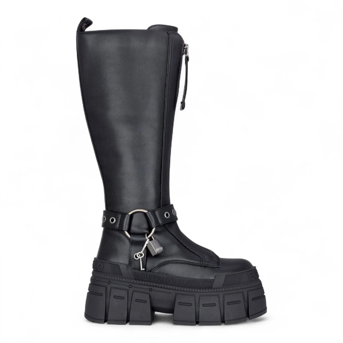 Buffalo - Womens Vegan Leather Black Zip Up Chunky Knee High Platform Boots - Gospher Hi