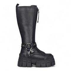 Buffalo - Womens Vegan Leather Black Zip Up Chunky Knee High Platform Boots - Gospher Hi