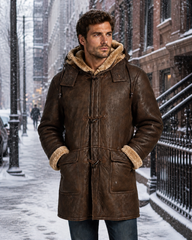 Men's Brown Duffle Style Shearling Sheepskin Coat: Felipe