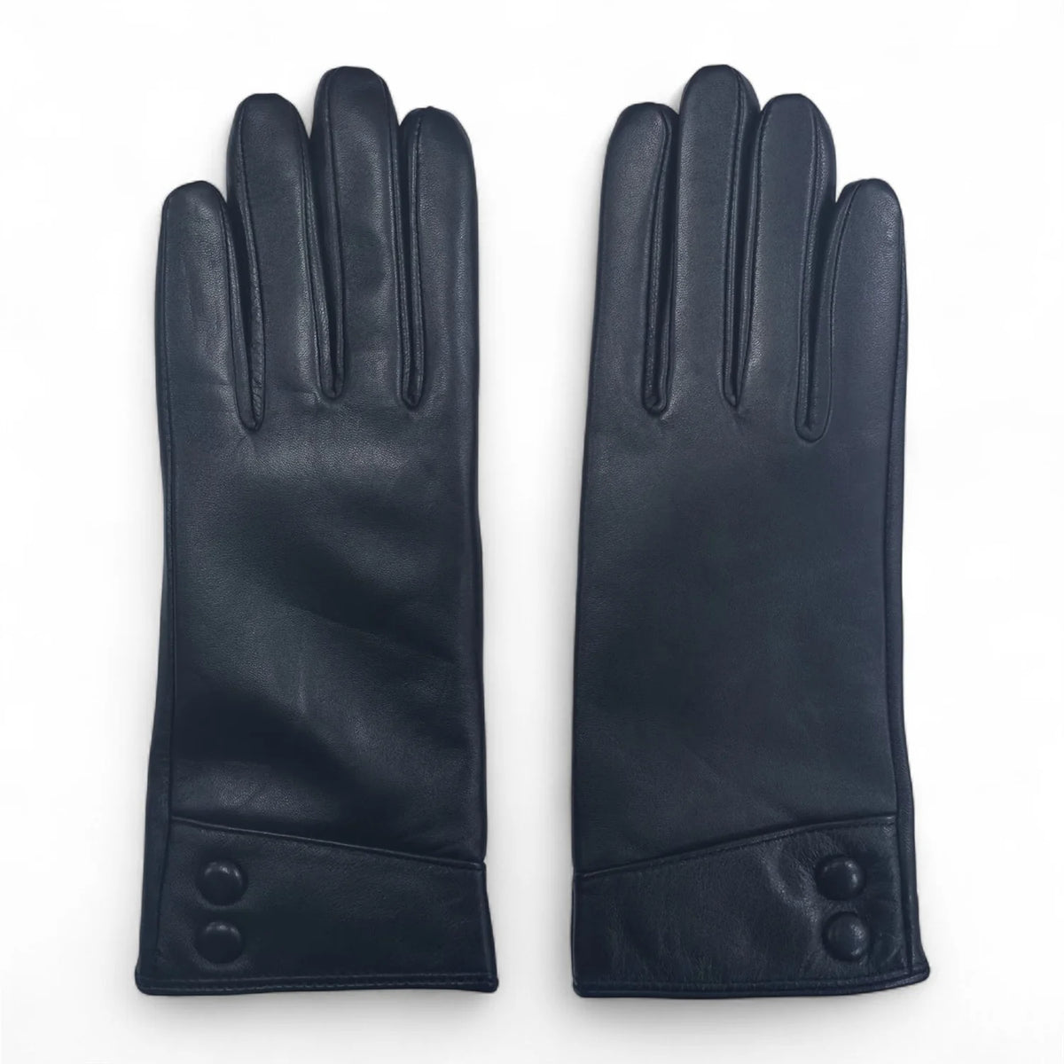 Womens Black Italian Leather Gloves with Button Detail & Wool Lining