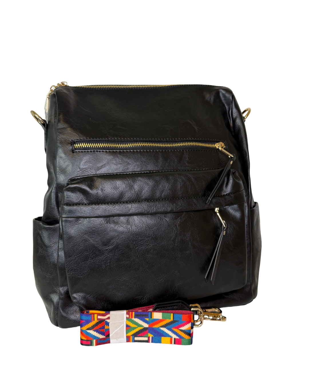 Women's Black Vegan Leather Backpack with Adjustable Shoulder Strap