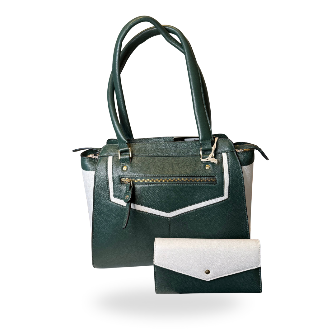 Women's Green and White Leather Shoulder Bag with Matching Purse