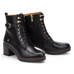 Pikolinos - Women's Llanes Black Leather Mid Heel Combat Ankle Boots