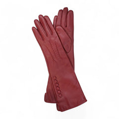 Womens Red Long Italian Leather Gloves with Button Detail & Wool Lining