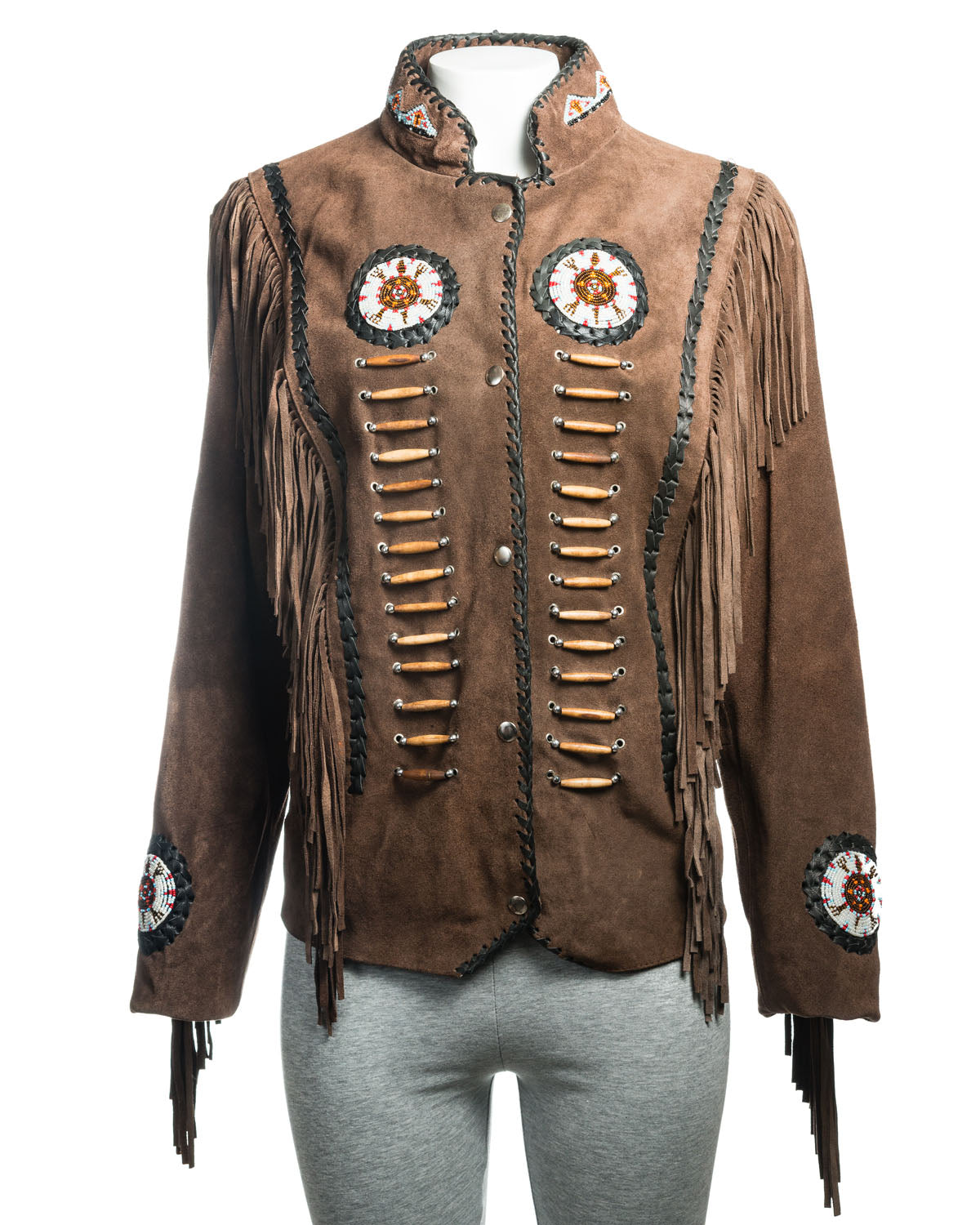 Women's Brown Suede Native American Style Jacket with Fringe and Beads - Navajo Ladies