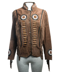 Women's Brown Suede Native American Style Jacket with Fringe and Beads - Navajo Ladies