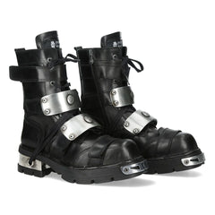 NEW ROCK - MET048-C9 Metallic Black Leather Chunky High Boots