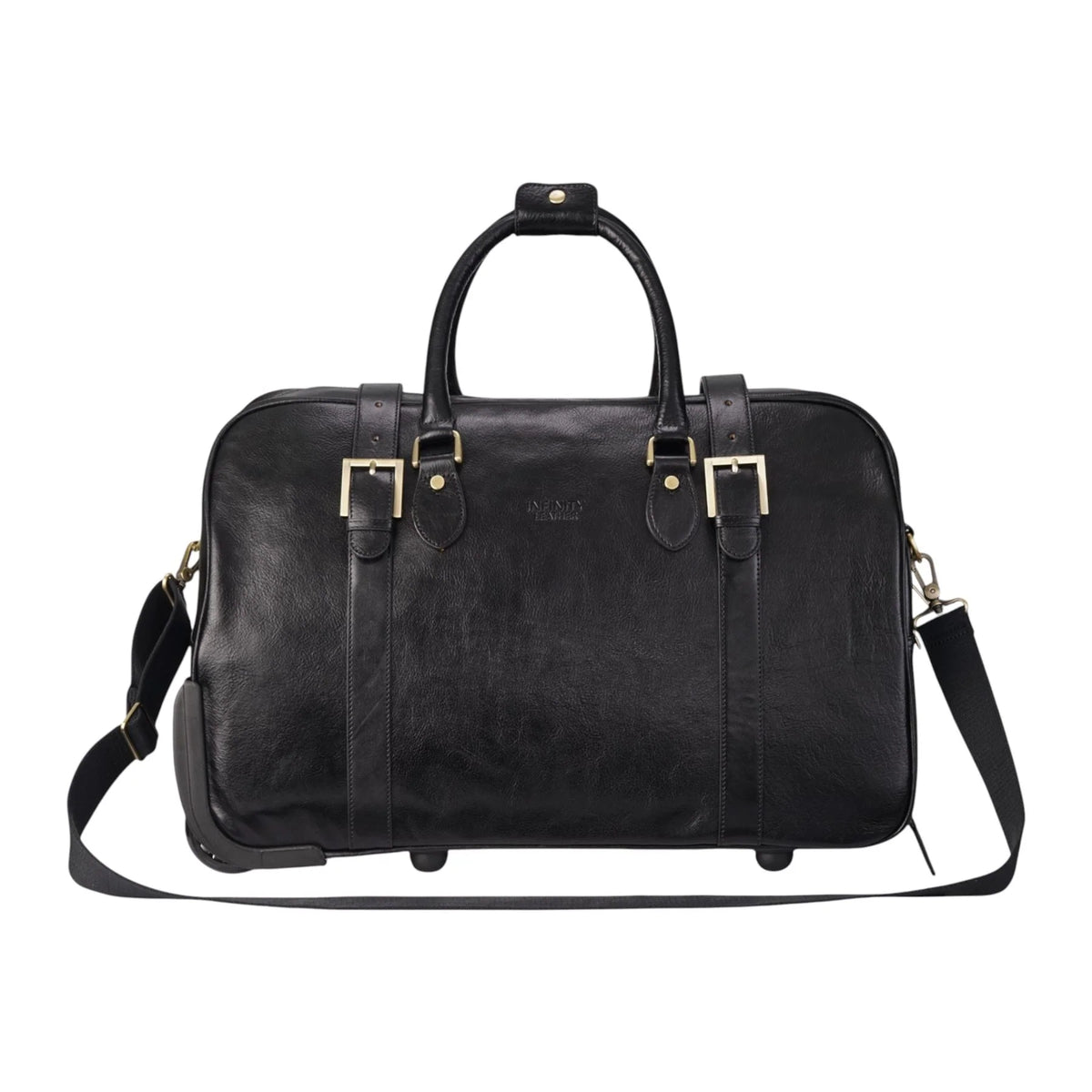 Black Leather Wheeled Cabin Holdall With Detachable Shoulder Strap
