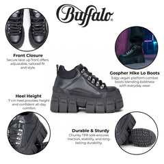 Buffalo - Womens Vegan Leather Black Chunky Platform Ankle Boots - Gospher Hike Lo
