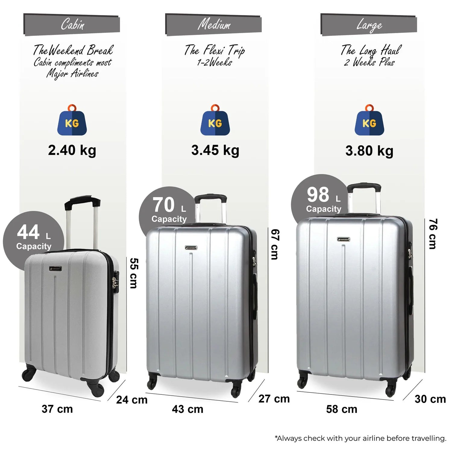 Castleberry Set of 3 Hard Shell Silver Suitcases