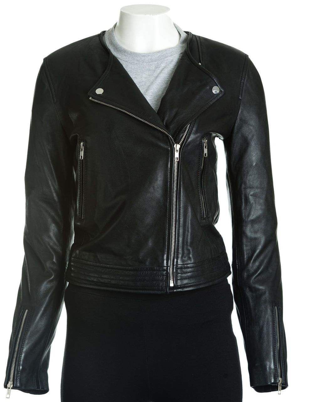 Women's Black Leather Collarless Cross-Zip Biker Jacket: Gia