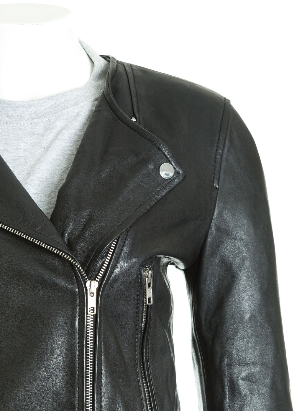 Women's Black Leather Collarless Cross-Zip Biker Jacket: Gia