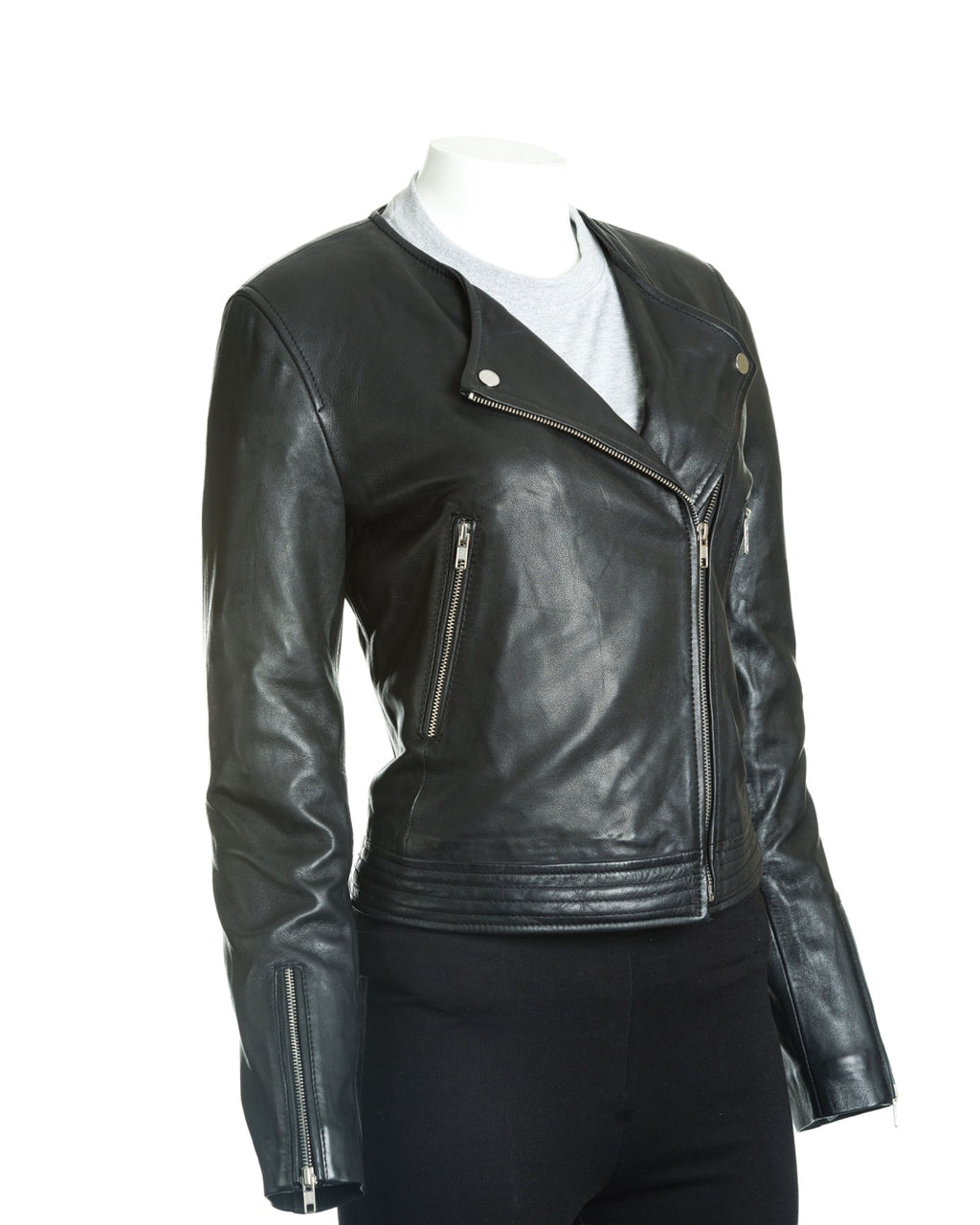 Women's Black Leather Collarless Cross-Zip Biker Jacket: Gia