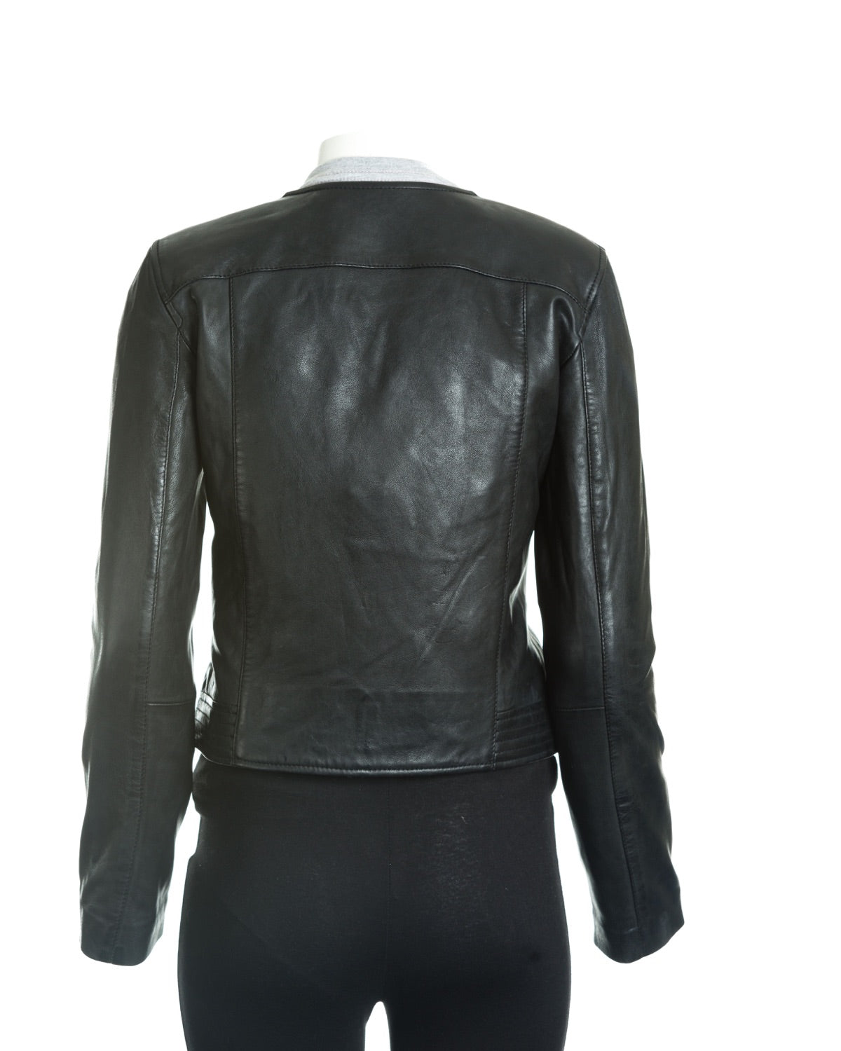 Women's Black Leather Collarless Cross-Zip Biker Jacket: Gia