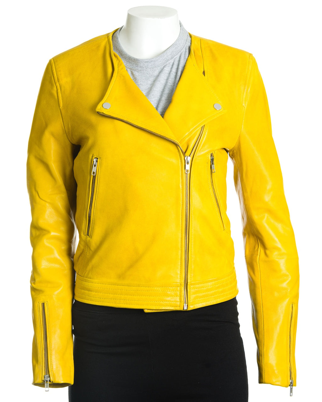 Women's Yellow Leather Collarless Cross-Zip Biker Jacket: Gia