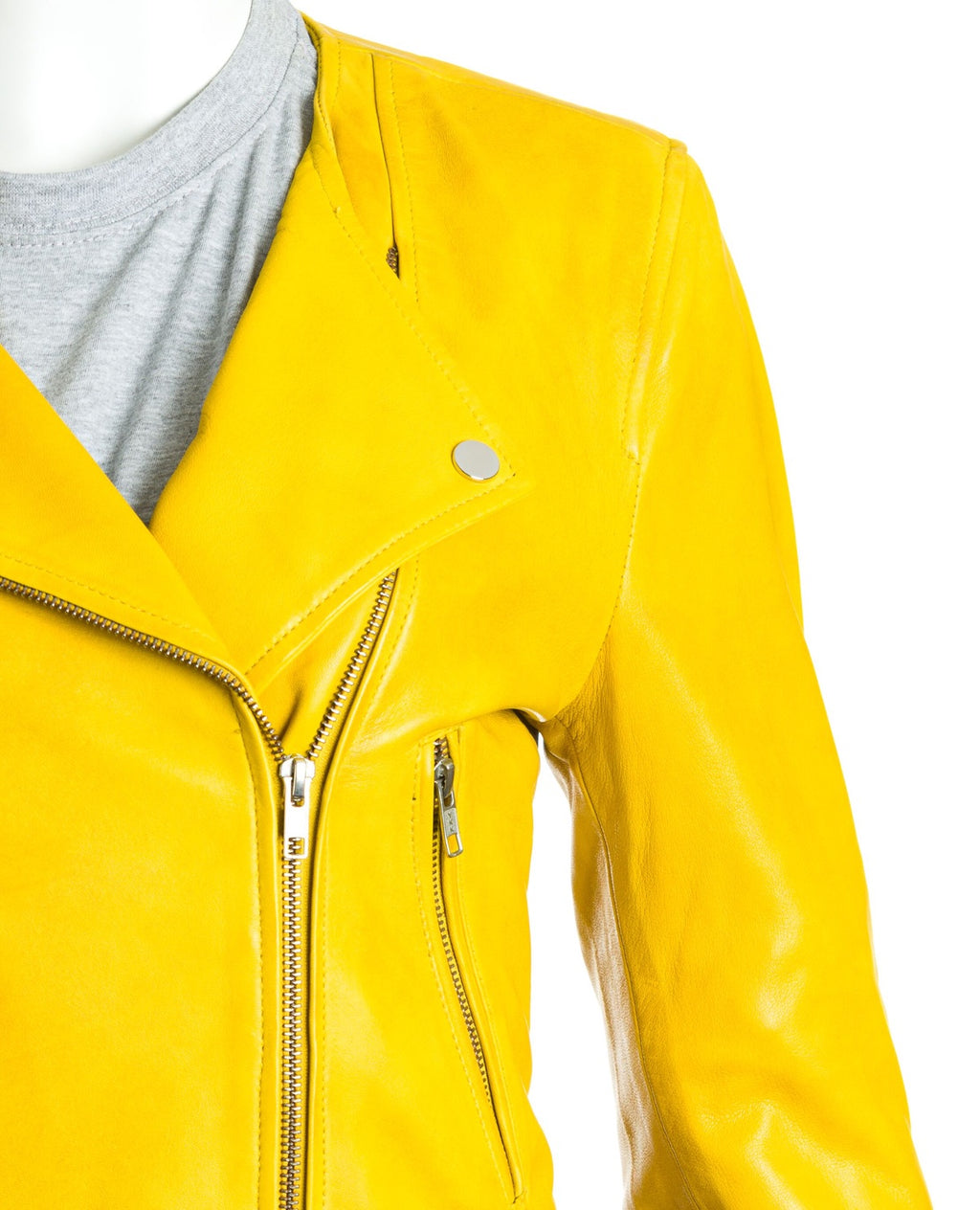 Women's Yellow Leather Collarless Cross-Zip Biker Jacket: Gia