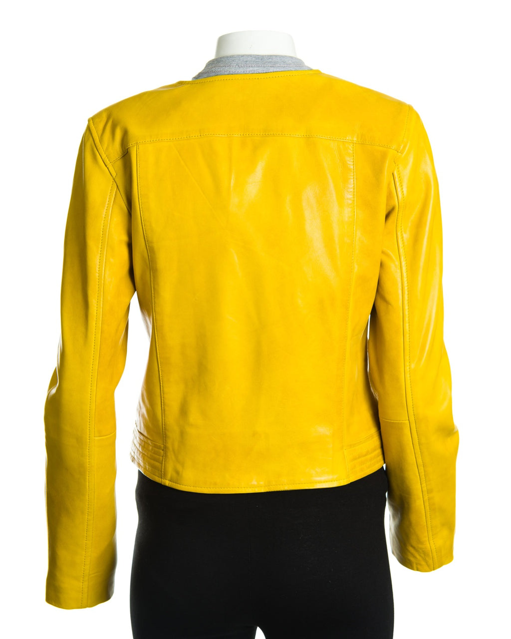 Women's Yellow Leather Collarless Cross-Zip Biker Jacket: Gia