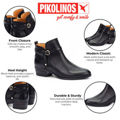 Pikolinos - Women's Daroca Black Leather Zip Heeled Ankle Boots