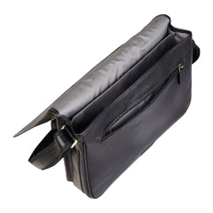 Black Vintage Leather Flap Over Laptop Messenger Satchel