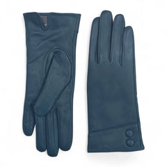 Womens Teal Italian Leather Gloves with Button Detail & Wool Lining