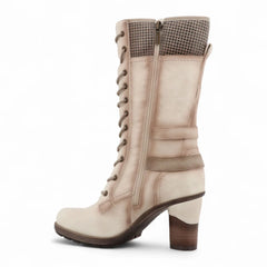 Mustang - Women's Antique Cream Vegan Leather Mid Calf Heeled Boots